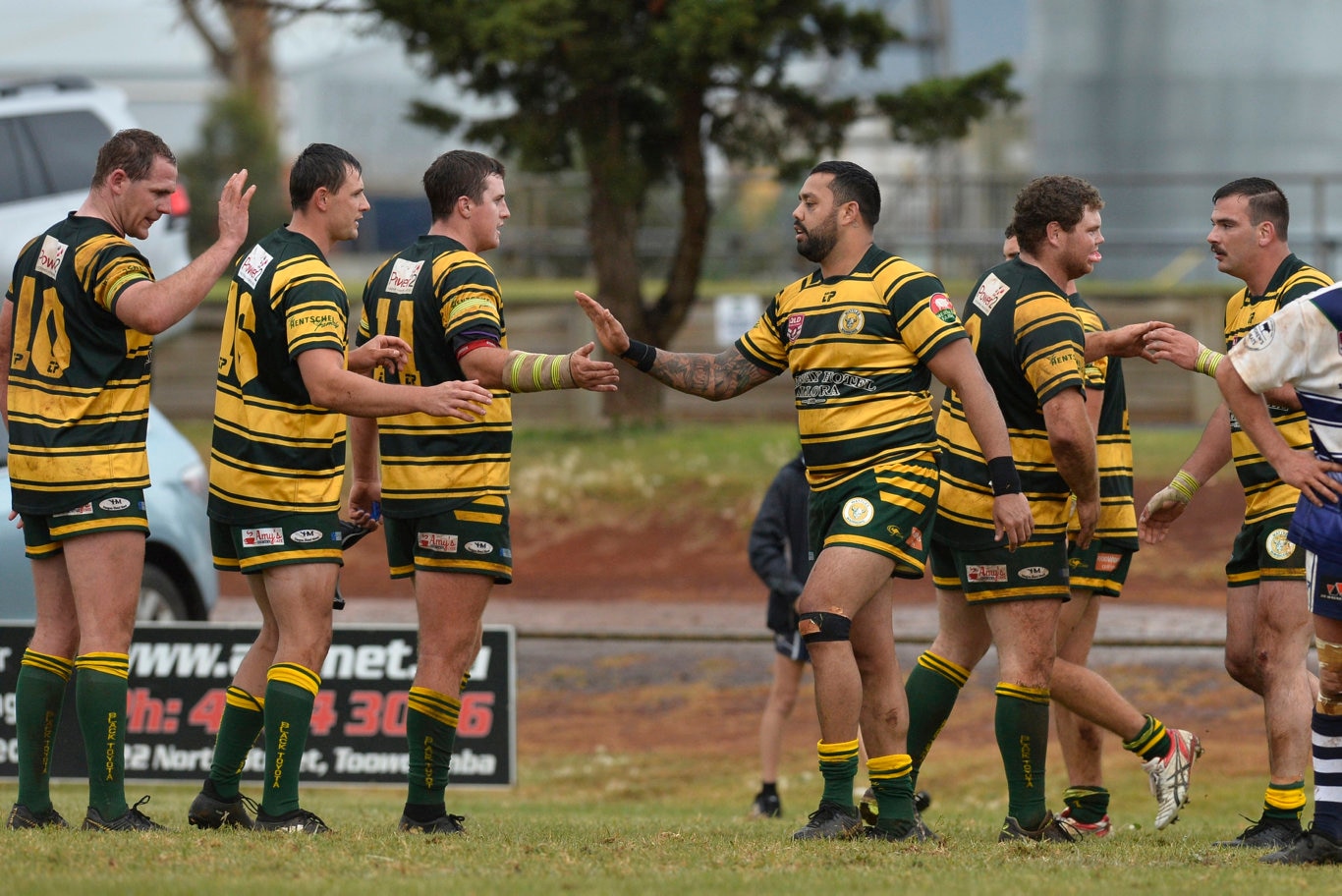 Wattles celebrate a Braydon Wilson (far right) try against Brothers in TRL Premiership round nine rugby league at Glenholme Park, Sunday, June 2, 2019. Picture: Kevin Farmer