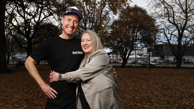 Trent Henderson with mum Mandy Henderson ahead of his final marathon. Trent will complete his 110th marathon in as many days to complete his challenge raising awareness for mental health and charity Speak Up Stay ChatTY. Picture: Nikki Davis-Jones