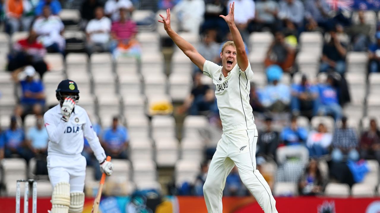 SOUTHAMPTON, ENGLAND - JUNE 20: Kyle Jamieson of New Zealand appeals successfully for the wicket of Jasprit Bumrah of India during Day 3 of the ICC World Test Championship Final between India and New Zealand at The Hampshire Bowl on June 20, 2021 in Southampton, England. (Photo by Alex Davidson/Getty Images)
