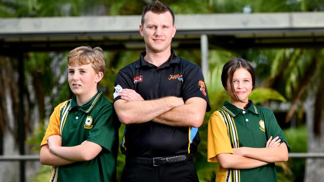 Boxer Jeff Horn at Thuringowa State High School to engage kids with the AMAYDA Bullying Prevention Program. Pictured with students Alexander Palmer 12 and Hannah Paulsen 11. Picture: Alix Sweeney