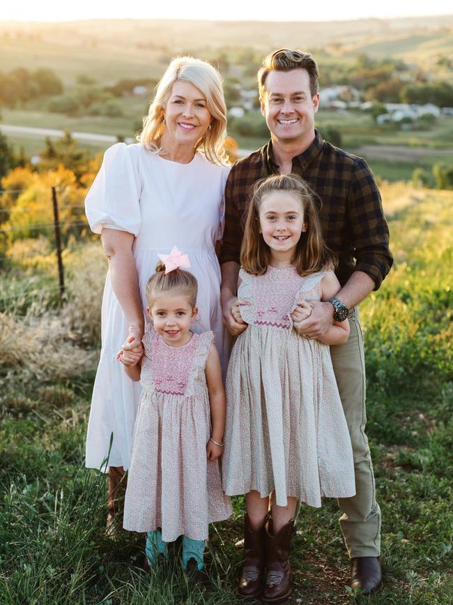 Grant Denyer with wife Chezzi have reached a private settlement in their case against New Idea. Pictured with their daughters Sailor and Scout.