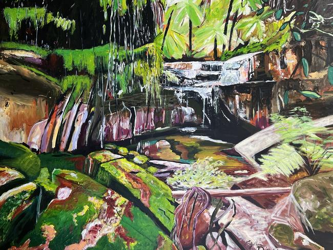 Sylvia Ditchburn, Moss Garden Carnarvon Gorge No. 2, 2024, Acrylic on canvas, 91.4 x 121.9cm. Photograph: Ken Ditchburn.
