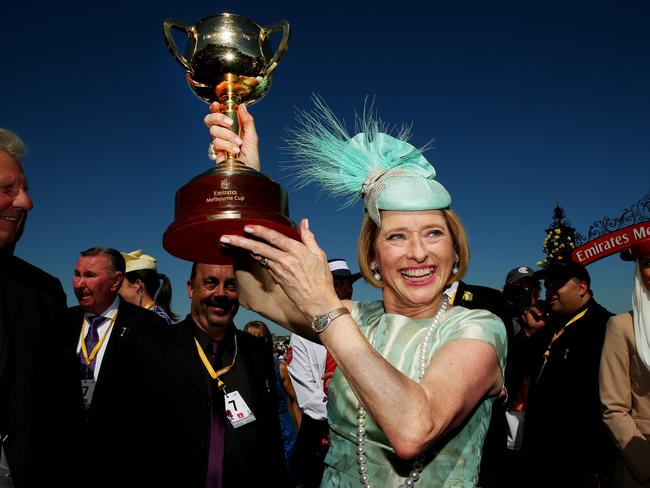 Gai Waterhouse with the Melbourne Cup after winning with Fiorente in 2013. Picture: Colleen Petch