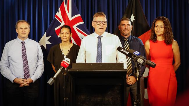 Terry Mills announcing candidates for Territory Alliance (from left) Danial Kelly, Regina McCathy, Andrew Bedwell and Amelia Nuku. Picture: GLENN CAMPBELL