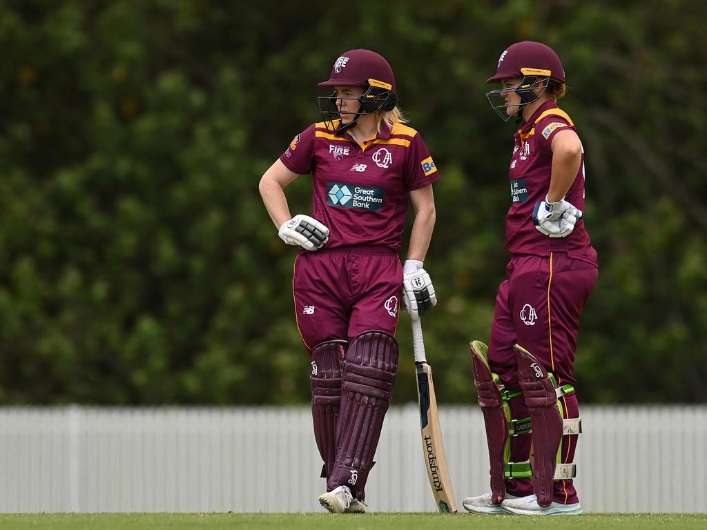 GOLD COAST, AUSTRALIA - OCTOBER 03: Georgia Redmayne and Georgia Voll of Queensland look on during the WNCL match between Queensland and the Australian Capital Territory at Bill Pippen Oval, on October 03, 2022, in Gold Coast, Australia. (Photo by Albert Perez/Getty Images)