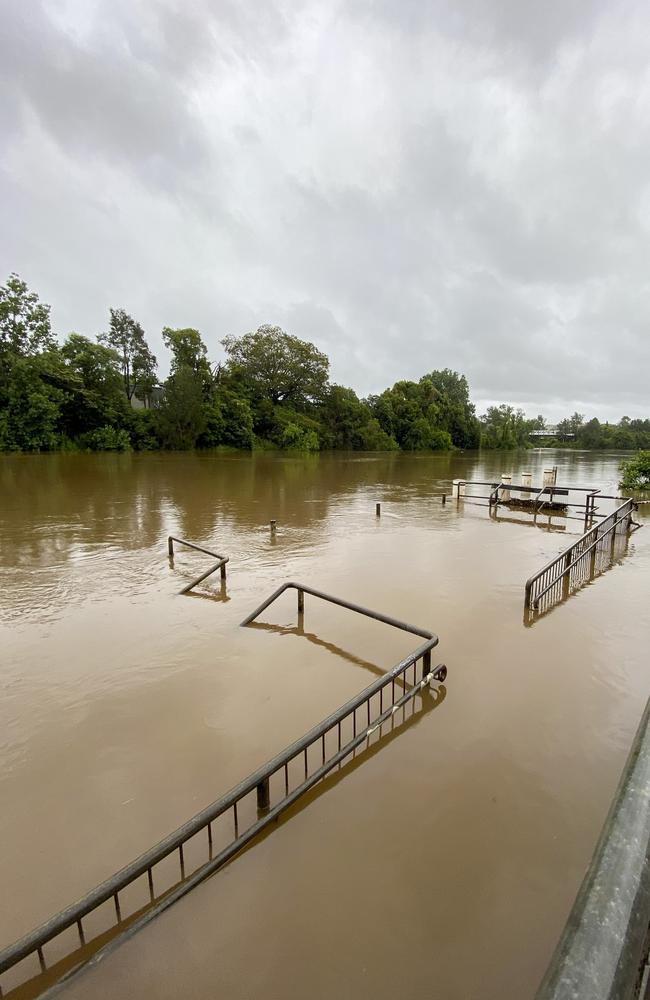 Lismore's Wilson River has burst its banks, flooding a portion of a newly installed River Walkway and a jetty at the Lismore canoe club after days of heavy rains in the Northern Rivers region as seen on Monday December 14, 2020. Picture: Media Mode