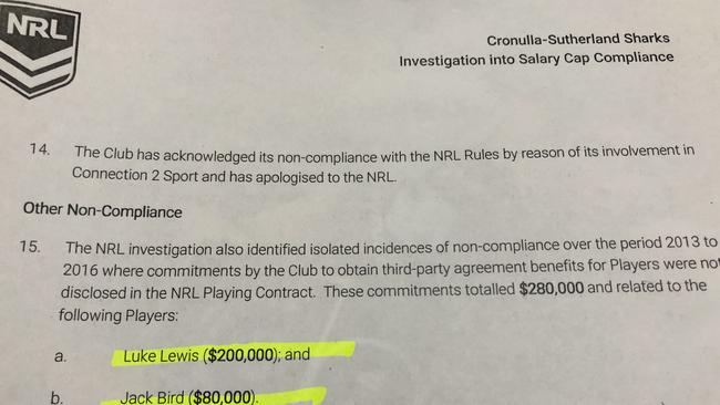 The document revealing Luke Lewis was caught up in the Cronulla Sharks' salary cap investigation.