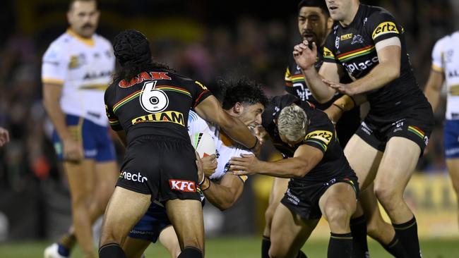 Jarome Luai wasn’t sin binned for this hit on Bailey Simonsson. NRL PHOTOS