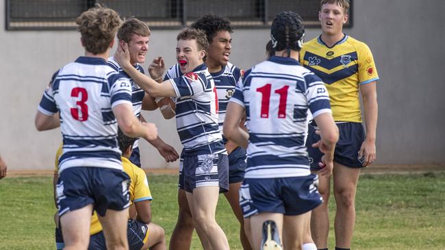 Harry Schwenke celebrates his try for St Mary's. Will he score again today? Picture: Nev Madsen.