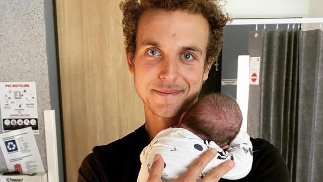 Western Bulldogs player Mitch Wallis with his newborn son, William. Picture: Instagram