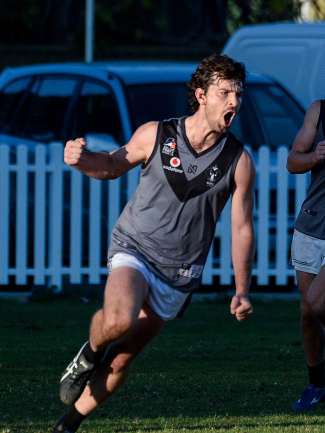 Adelaide Uni’s Ryan Marini celebrates a goal. Picture: Brenton Edwards