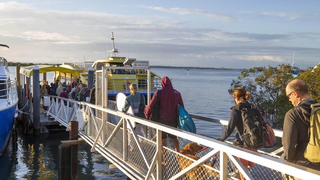 People were lined up to visit North Stradbroke Island for the first time in months this morning after a travel ban was placed on the Island on March 25 to stop Covid-19 reaching the island’s population. Picture: Renae Droop