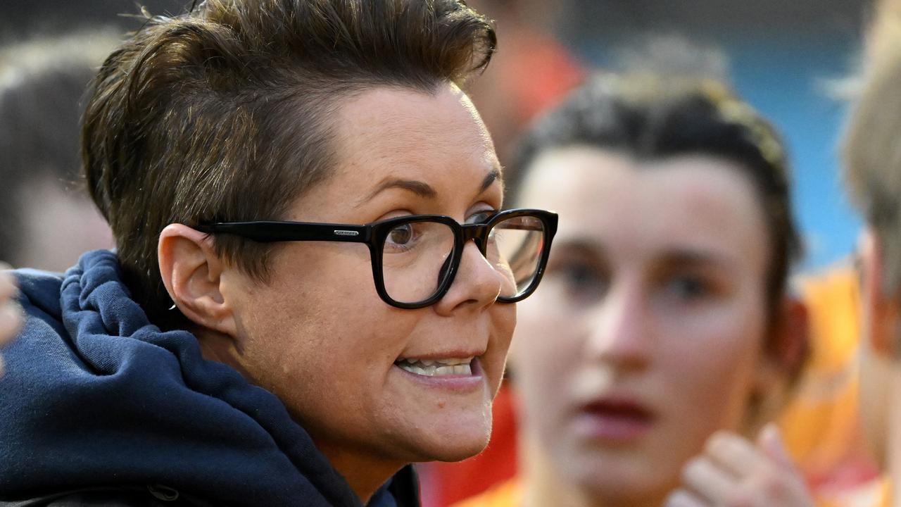 Hawks coach Bec Goddard fired up at the first change. Picture: Morgan Hancock