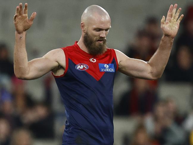 MELBOURNE, AUSTRALIA - JULY 23: Max Gawn of the Demons celebrates on the final siren after winning the round 19 AFL match between Melbourne Demons and Adelaide Crows at Melbourne Cricket Ground, on July 23, 2023, in Melbourne, Australia. (Photo by Daniel Pockett/Getty Images)