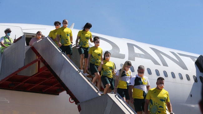 Australian Olympic team athletes and officials fly out of Cairns Airport. Picture: Matthew McInerney