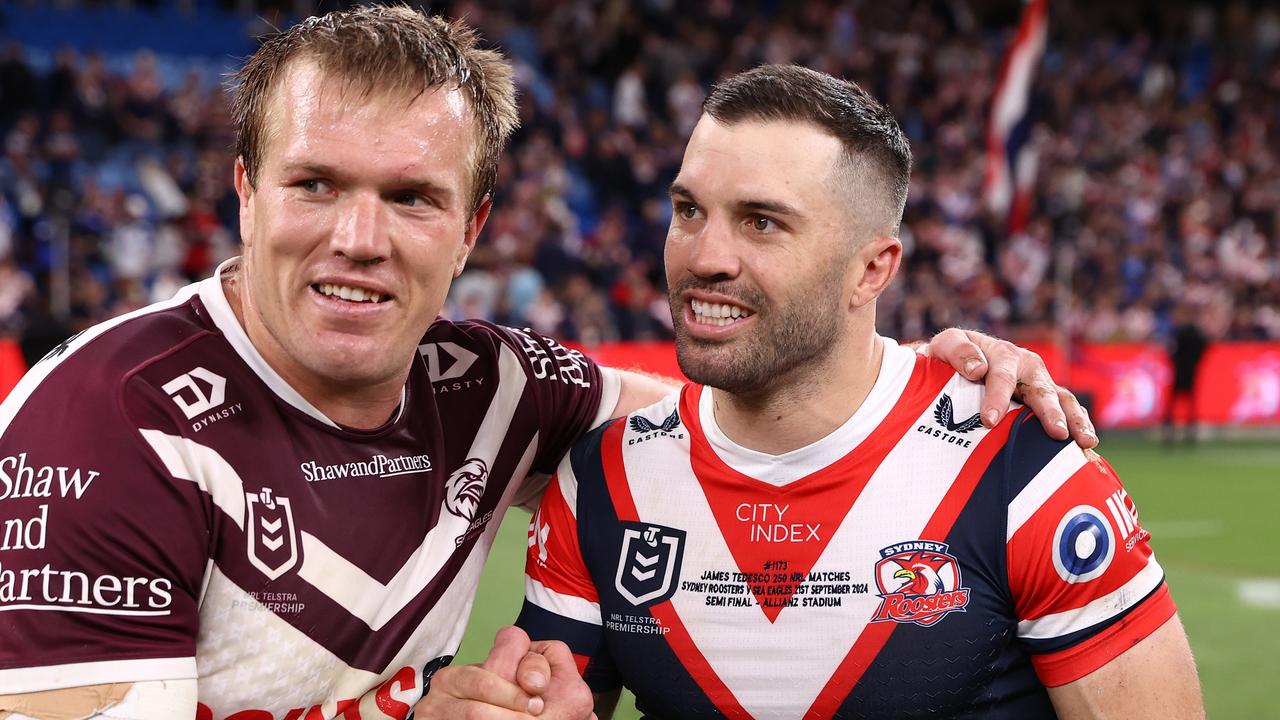 James Tedesco (right) is in the mix to retain his Kangaroos jersey after a brilliant season with the Roosters. Picture: Jason McCawley/Getty Images