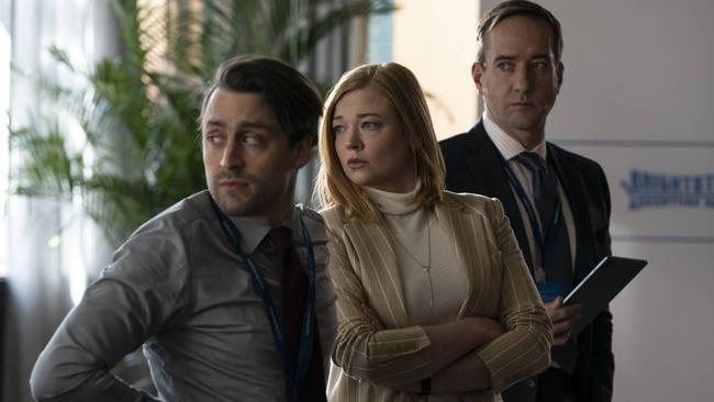 Frim left, Roman Roy (played by Kieran Culkin), Shiv Roy (played by Sarah Snook) and Tom Wambsgans (Matthew Macfadyen) in season 3 of HBO's Succession. Picture: HBO/Binge