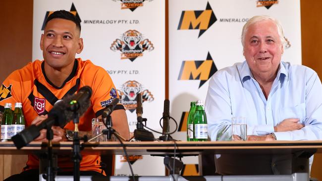 Israel Folau and Clive Palmer talk to media about the dual international’s return to rugby league with Palmer’s old club, the Southport Tigers. Picture: Getty Images