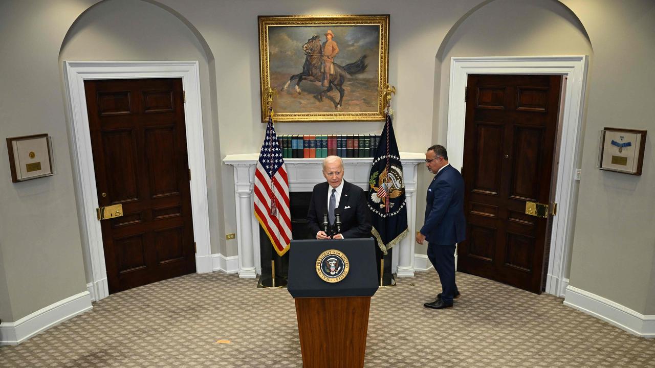 US President Joe Biden and Education Secretary Miguel Cardona arrive to speak about the US Supreme Court's decision overruling student debt forgiveness. Picture: Jim Watson / AFP