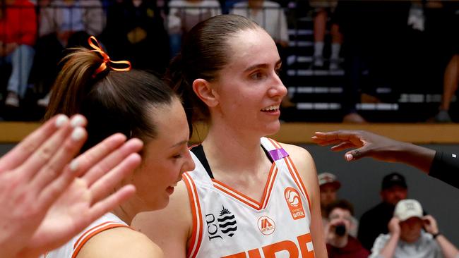 GEELONG, AUSTRALIA - OCTOBER 30: Courtney Woods of the Townsville Fire celebrates the win during the round one WNBL match between Geelong United and Townsville Fire at The Geelong Arena, on October 30, 2024, in Geelong, Australia. (Photo by Kelly Defina/Getty Images)