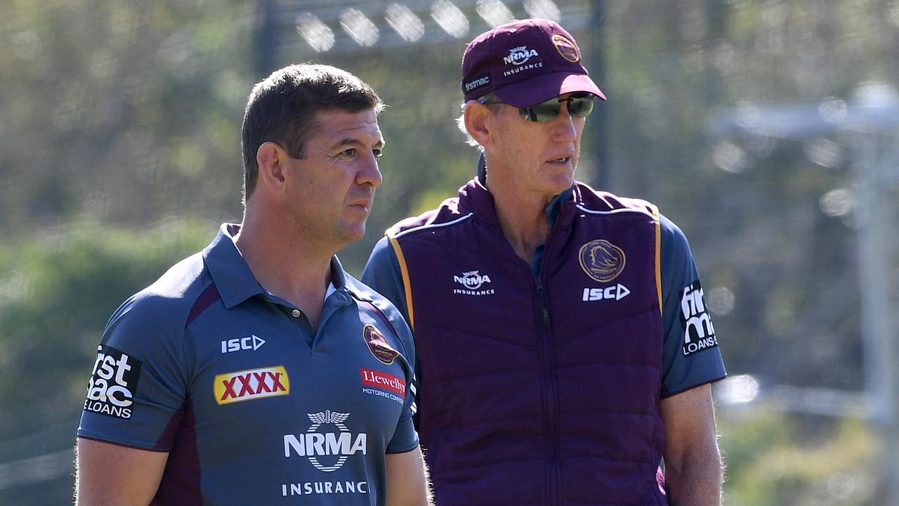 Jason Demetriou and Wayne Bennett during their time at the Broncos. Picture: AAP