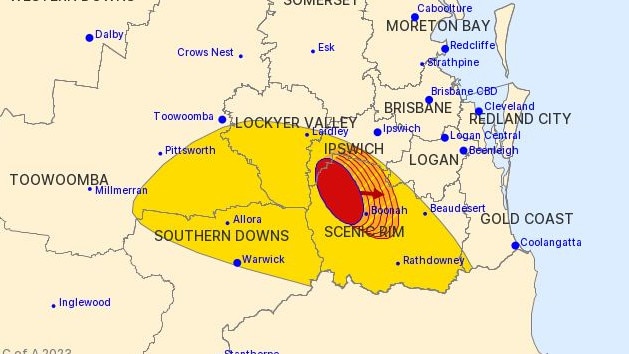 Severe thunderstorms were detected on the weather radar near Aratula and Rosevale at 5.55pm. Picture: BoM