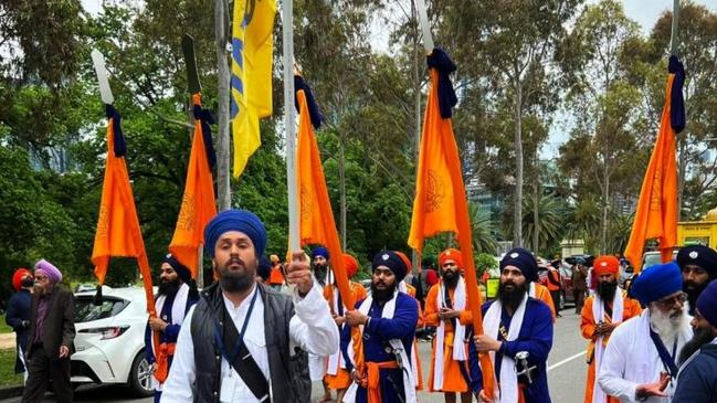 Victorian ALP staffer and pro-Sikh separatist campaigner Amritvir Singh walks with a Khalistan flag on November 19. Picture: The Australia Today