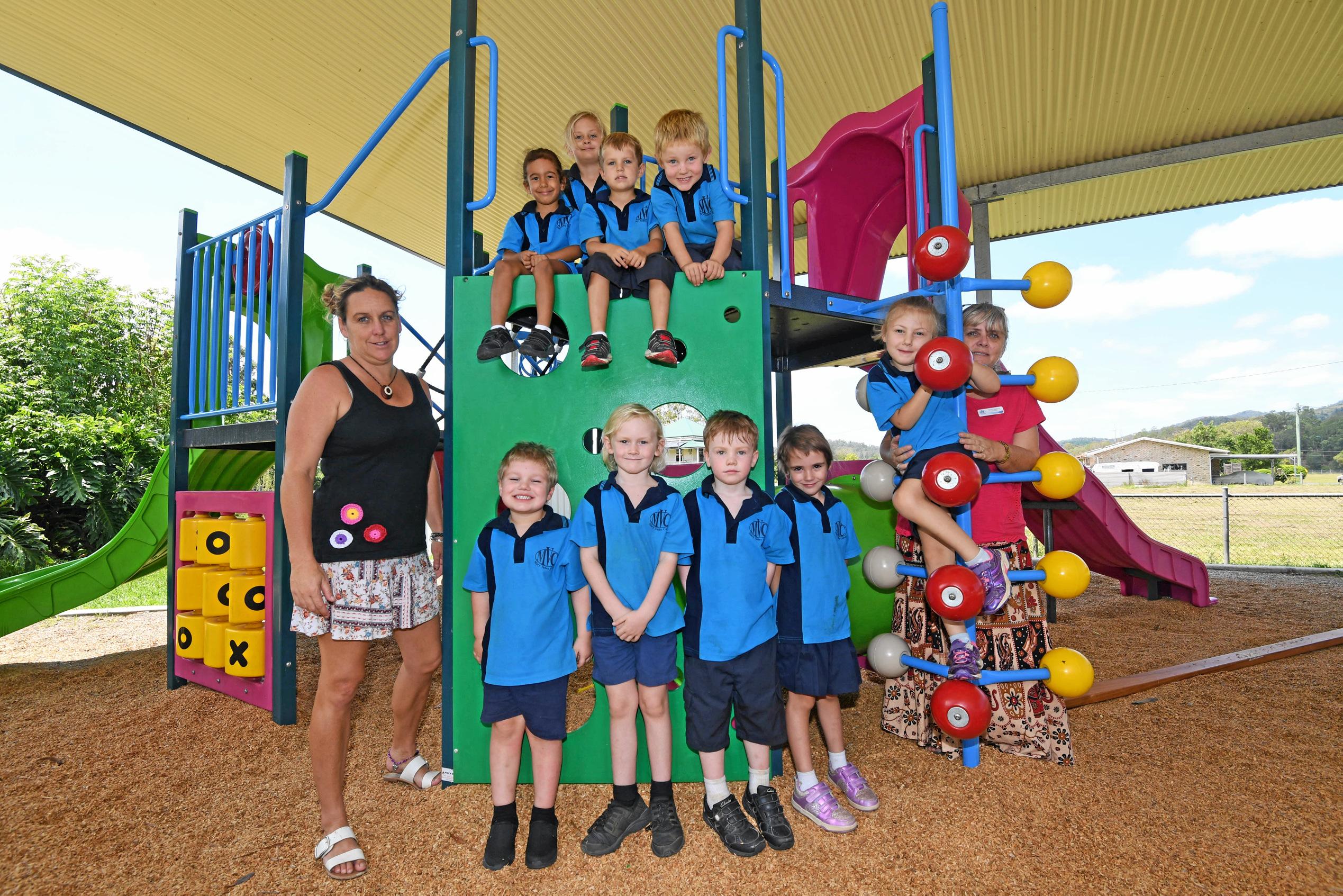 Mary Valley CollegeMs Megan Davie Teacher Aide, Mason Murdoch,  Myles Corcoran,  Leo Murphy , Serenity Pilton ,Bella Pshnov, Ms Shelley Jackson TeacherOn top of green climbing wall - Mya Juzeliunas ,Elijah Cannon, R.J Mitchellright behind at top Summer Strachan. Picture: Troy Jegers