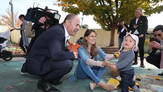 Treasurer Josh Frydenberg visits a childcare facility in Narrabundah, Canberra. Picture: NCA NewsWire / Gary Ramage