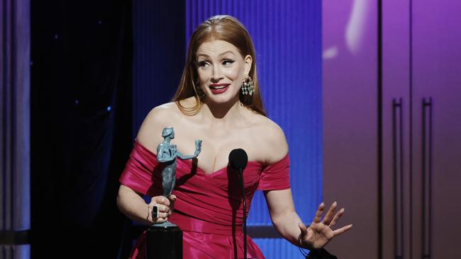 “Keep going, you’re one job away. I’ll see you on set,” Jessica Chastain accepts the Outstanding Performance by a Female Actor in a Television Movie or Limited Series award for George &amp; Tammy. Picture: Getty