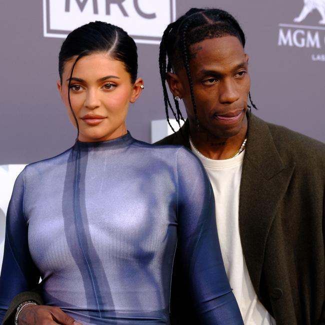 Jenner and partner Travis Scott. Picture: FP