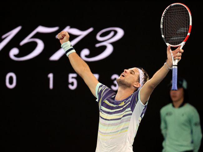 Dominic Thiem celebrates his extraordinary victory which pushed him through to the semi-finals.