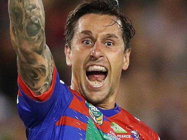 Newcastle's Mitchell Pearce celebrates after kicking the winning field goal in extra time during the Newcastle Knights v Manly rugby league match at McDonald Jones Stadium, Newcastle. Picture: Brett Costello