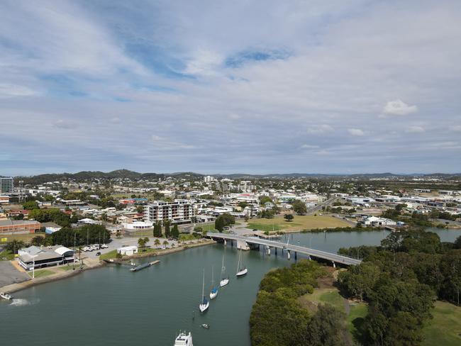 Goondoon St Gladstone and Gladstone Harbour taken from a DJI Mavic Air 2 drone.