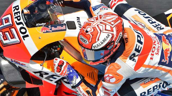 Marc Marquez on his way to securing pole for the Australian MotoGP on Saturday. Picture: AFP