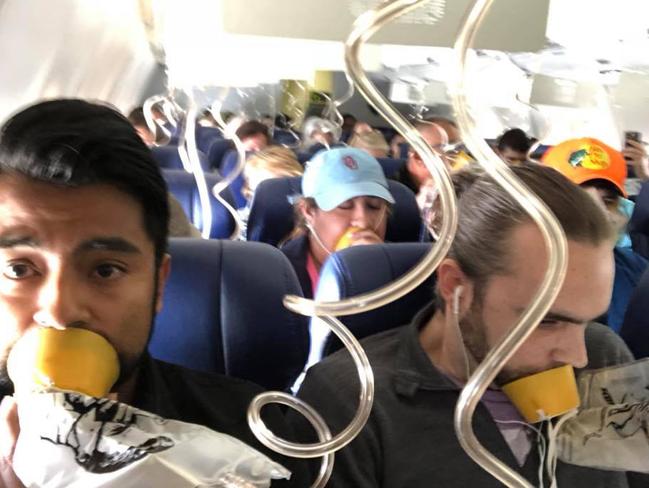 Facebook images from the page of passenger Marty Martinez of scenes when the Southwestern Airlines Boeing 737 engine exploded. Picture: Facebook @Marty Martinez