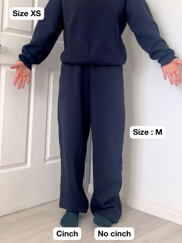 UNIQLO C hoodie (XS) paired with M-sized sweatpants for an oversized vibe. One leg cinched, one leg wide — the best of both worlds. Picture: News.com.au/ Cindy Du