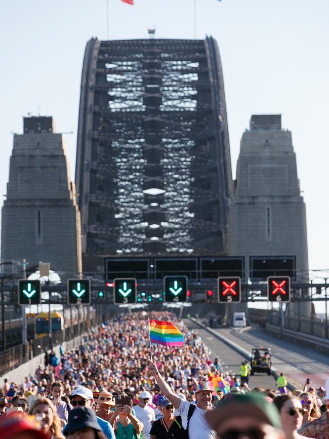 Sydney World Pride Day march across the Sydney Harbour Bridge. Picture: Tim Pascoe/The Daily Telegraph.