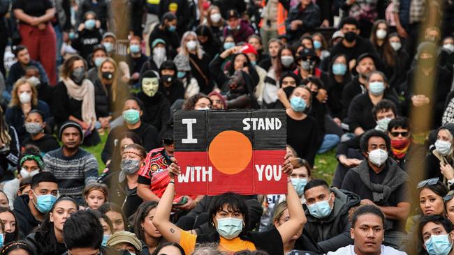 Demonstrators attend a Black Lives Matter protest to express solidarity with US protestors in Sydney on Saturday. Picture: AFP