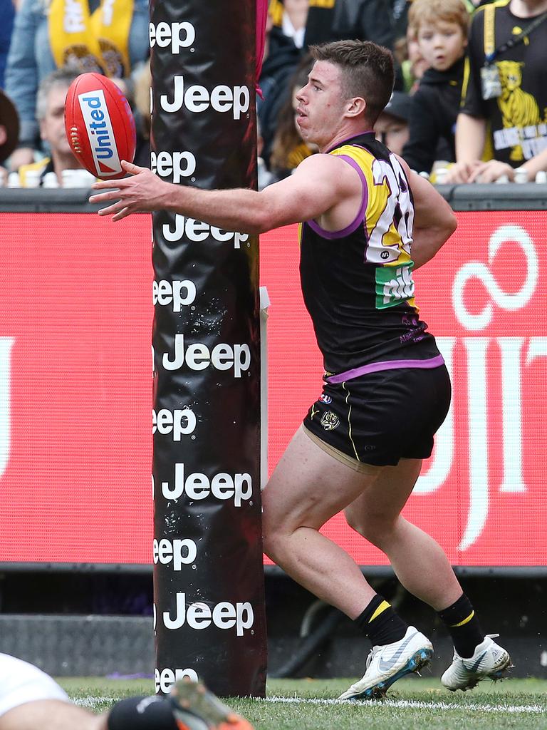 Jack Higgins drops the ball before crossing the goal line. Picture: Michael Klein