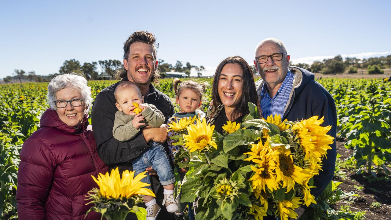 The Mullen family of (from left) Yvonne, Matt holding Jack, Mini, Miki and Doug at Warraba Sunflowers, Saturday, June 22, 2024. Picture: Kevin Farmer