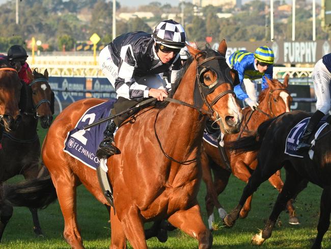 MELBOURNE, AUSTRALIA - JULY 06: Damian Lane riding It'sourtime winning race 7, the Santa Ana Lane Sprint Series Final - Betting Odds during Melbourne Racing at Flemington Racecourse on July 06, 2024 in Melbourne, Australia. (Photo by Vince Caligiuri/Getty Images)