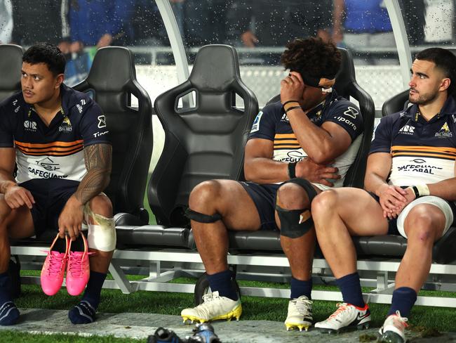 Len Ikitau, Rob Valetini and Tom Wright after last year’s finals defeat. Picture: Getty Images