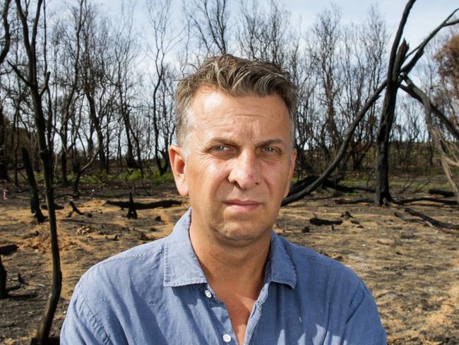 NSW minister Andrew Constance with wife Jennifer at bushfire burnt Pretty Point in Malua Bay on the NSW South Coast. Picture Rohan Kelly