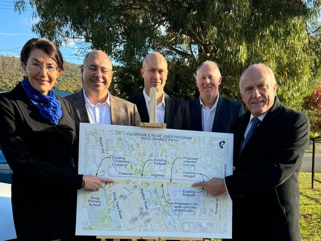 Liberal MP Jacquie Petrusma,  Kingborough Alderman Aldo Antolli, Kingborough Counc il CEO Dave Stewart  Road Safety Advisory Council chair Scott Tilyard and Minister for Transport Eric Abetz at Snug on Monday, June 17, 2024.