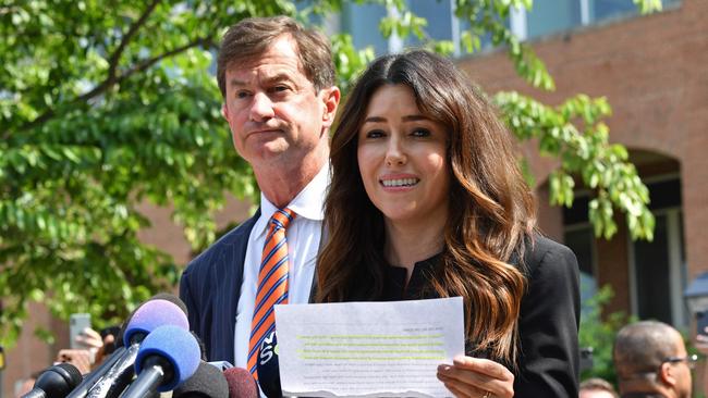 Ms Vasquez and colleague Ben Chew address the media after their victory for Depp. Picture: Nicholas Kamm / AFP