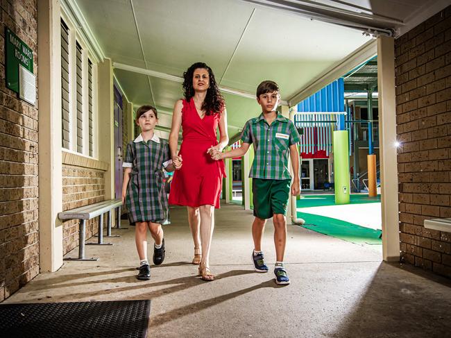 Gold Coast mum Joanne Rahn with seven-year-old daughter Valentina and nine-year-old son Andreas head of back-to-school next week. Picture: Nigel Hallett