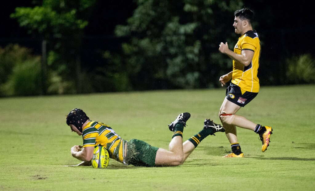 Todd Daniels scores a try for Darling Downs. Rugby Union, Cattleman's Cup, Darling Downs vs Central Qld Brahmans. Saturday, 3rd Mar, 2018. Picture: Nev Madsen