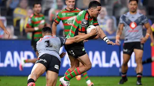 Five-eighth Cody Walker’s instinctive play has unlocked Latrell Mitchell’s potential at South Sydney. Picture: AAP Image/Dan Himbrechts