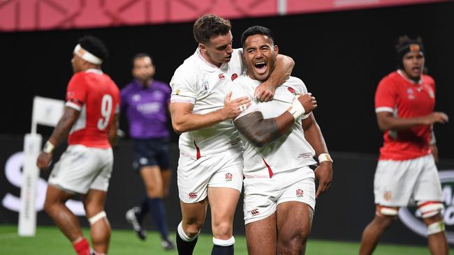 England's centre Manu Tuilagi scored a brace of tries during their first-up win over Tonga.